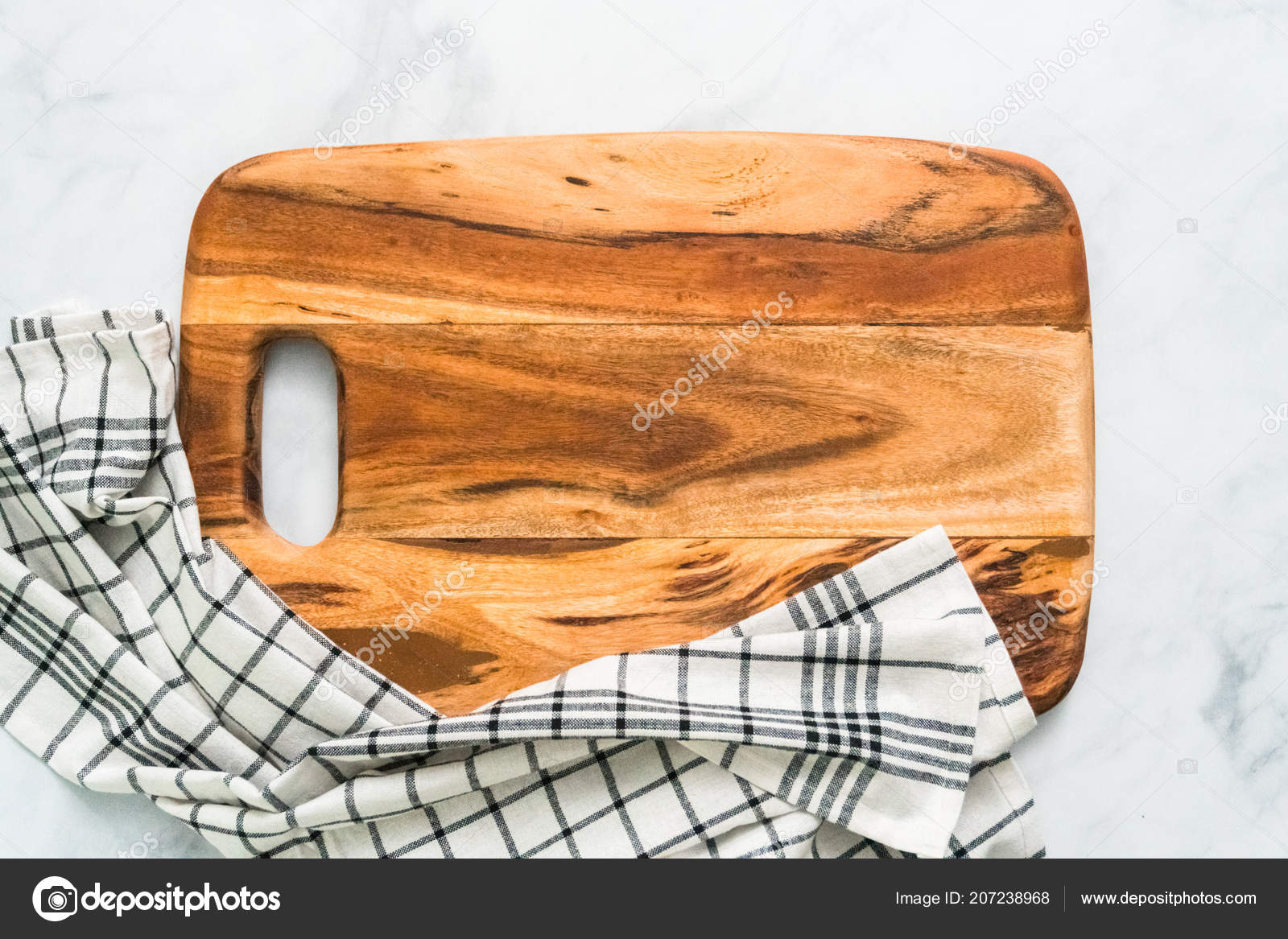 Rustic Wood Cutting Board Marble Countertop Stock Photo