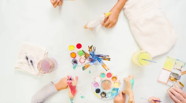 Step Step Little Girls Painting Paper Mache Unicorn Acrylic Paint — Stock Photo, Image