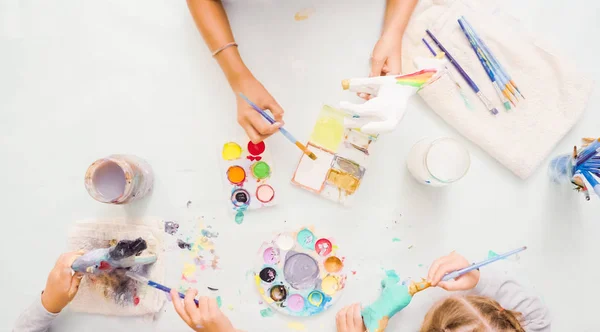 Step Step Little Girls Painting Paper Mache Unicorn Acrylic Paint — Stock Photo, Image