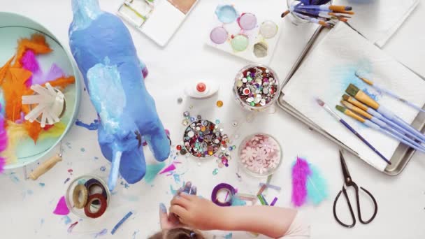 Passo Passo Decoração Papel Pintado Mache Unicórnio Com Flores Papel — Vídeo de Stock