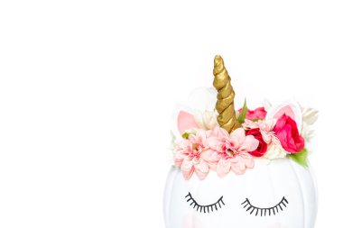 Zanaat balkabağı beyaz boyalı ve tek boynuzlu at beyaz arka plan üzerinde olarak pembe çiçeklerle süslenmiş.