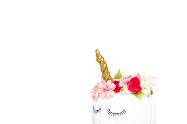 Zanaat balkabağı beyaz boyalı ve tek boynuzlu at beyaz arka plan üzerinde olarak pembe çiçeklerle süslenmiş.