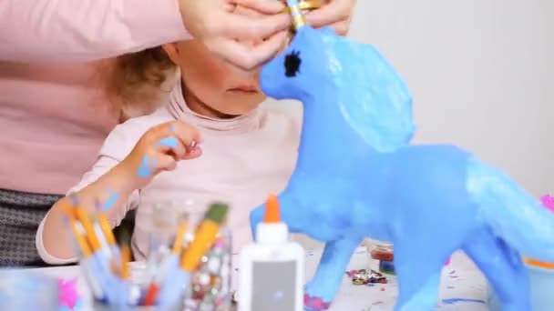 Step Step Little Girl Decorating Paper Mache Unicorn Jewels Paper — Stock Video