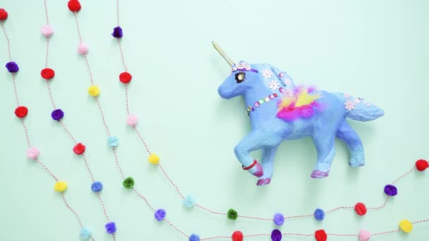 Kids Craft Painted Blue Decorated Jewels Feathers Paper Mache Unicorn — Stock Video