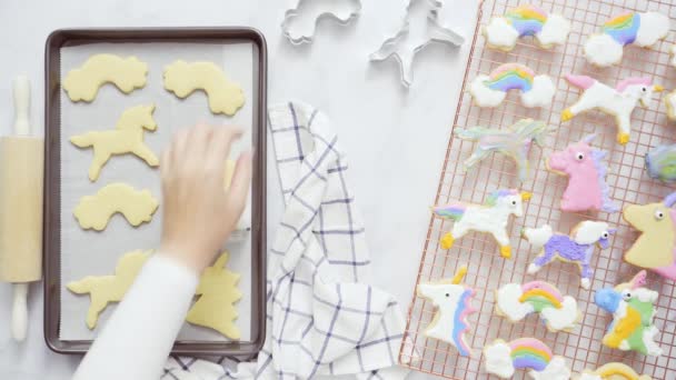 Unicorn Vormige Suiker Cookies Bakplaat — Stockvideo