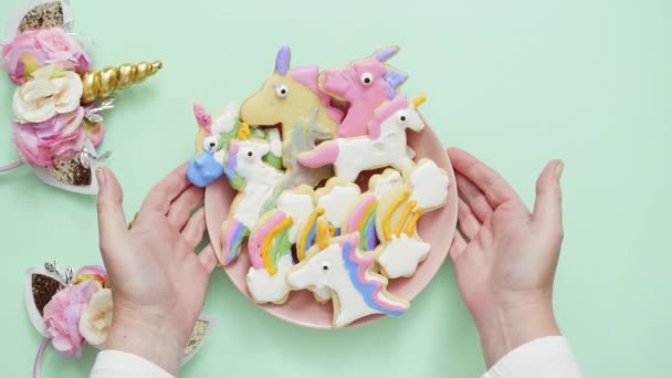 Unicorn Shaped Sugar Cookies Decorated Royal Icing Pink Plate — Stock Video