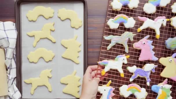 Unicorn Cookies Decorated Royal Icing Drying Drying Rack — Stock Video