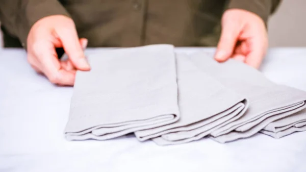 New Linen Dinner Napkin Marble Countertop — Stock Photo, Image