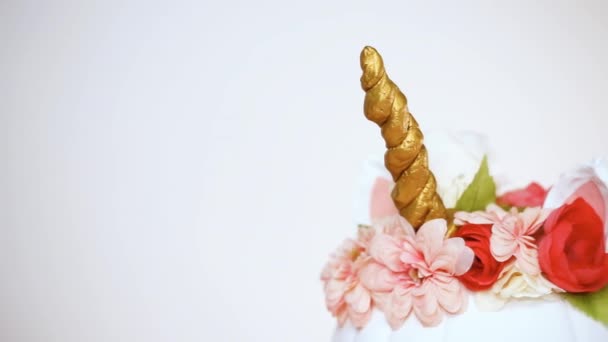 Zucca Artigianale Dipinta Bianco Decorata Con Fiori Rosa Come Unicorno — Video Stock