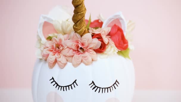 Craft Pumpa Vitmålade Och Dekorerade Med Rosa Blommor Som Enhörning — Stockvideo