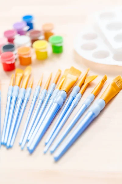 Variety New Paint Brushes Paint Wood Table — Stock Photo, Image