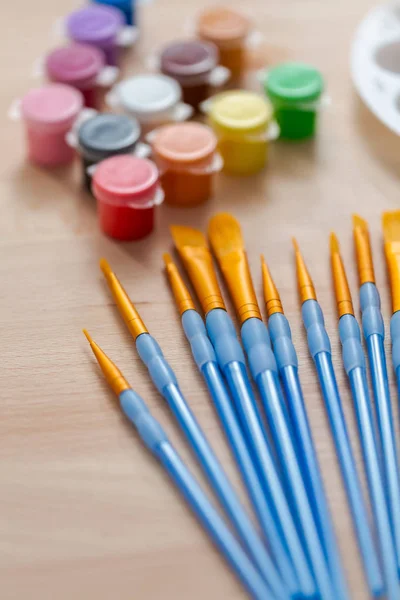 Variety New Paint Brushes Paint Wood Table — Stock Photo, Image