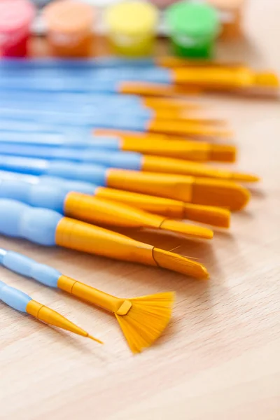 Variety New Paint Brushes Paint Wood Table — Stock Photo, Image