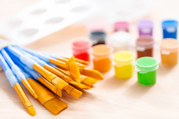 Variety New Paint Brushes Paint Wood Table — Stock Photo, Image