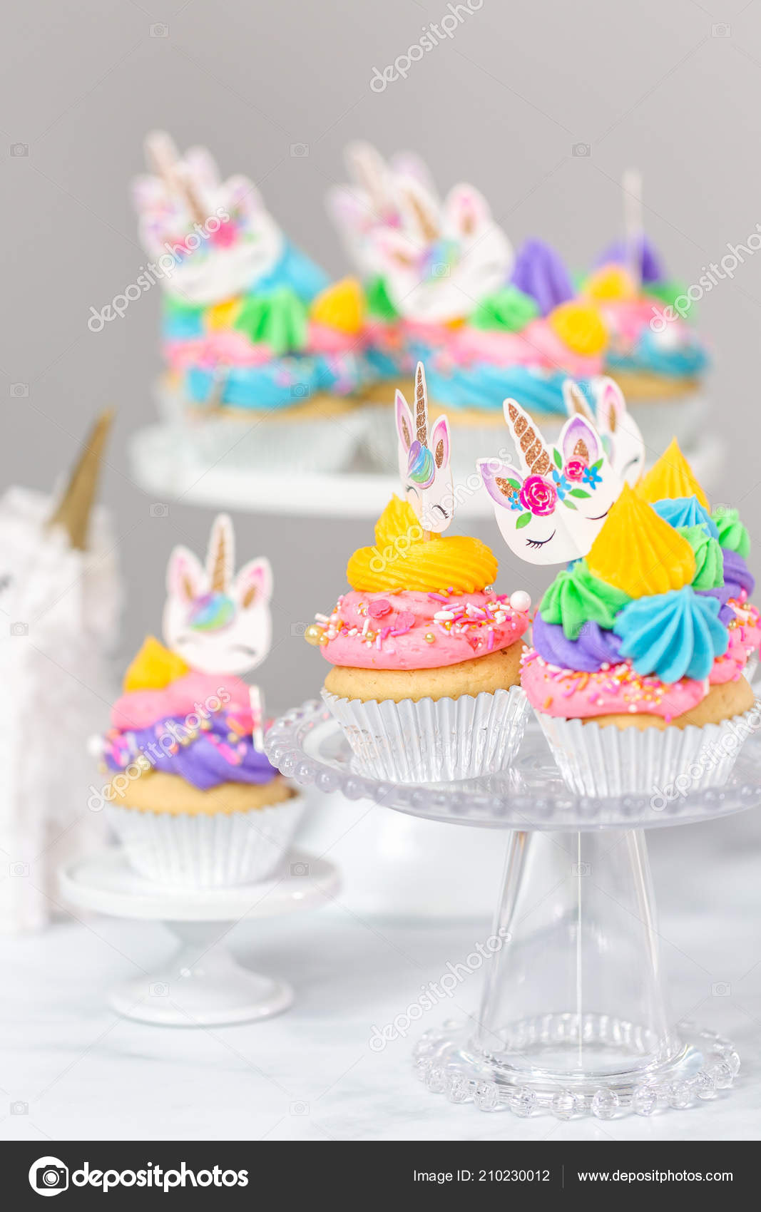 Unicorn Cupcakes Multicolor Buttercream Icing Cake Stands Stock