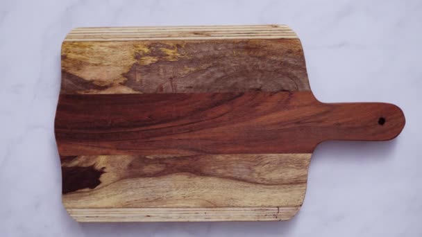 Rustic Wood Cutting Board Marble Countertop Stock Video