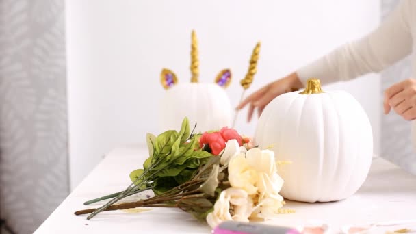 Gluing Horn Ears Pumpkin Mother Daughter Decorating Craft Pumpkins Unicorn — Stock Video