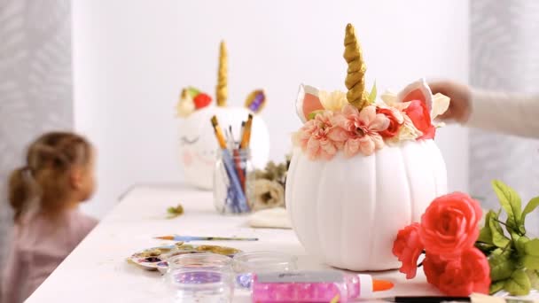 Mother Daughter Painting Face Unicorn Decorating Craft Pumpkins Flowers Make — Stock Video