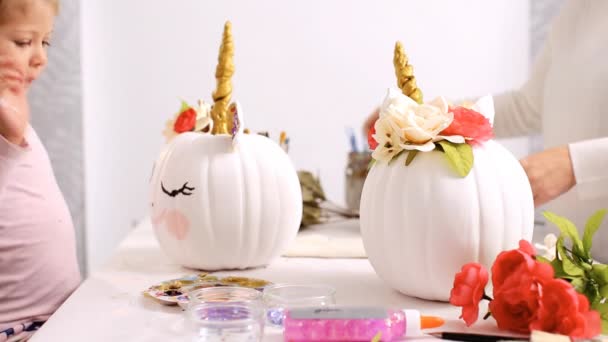 Mother Daughter Painting Face Unicorn Decorating Craft Pumpkins Flowers Make — Stock Video