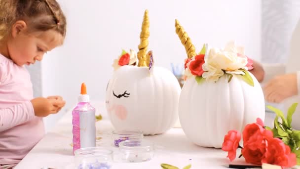 Mother Daughter Painting Face Unicorn Decorating Craft Pumpkins Flowers Make — Stock Video