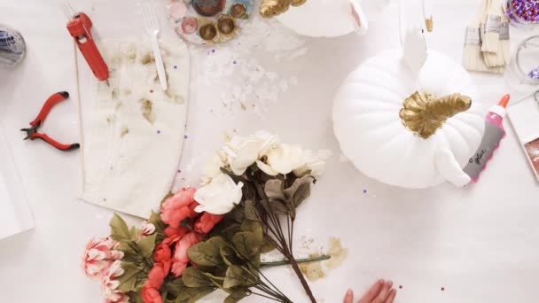 Top View Mother Daughter Decorating Craft Pumpkins Flowers Make Unicorn — Stock Video