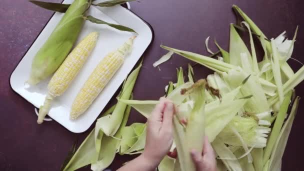 Zeitraffer Schritt Für Schritt Shucking Frischer Bio Mais Mexikanischem Maissalat — Stockvideo