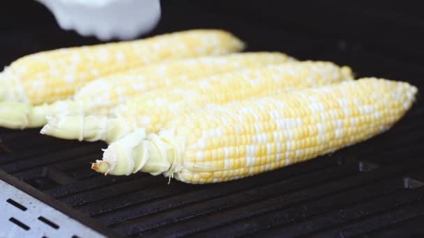 Steg För Steg Grillning Ekologisk Majs Utomhus Gasolgrill — Stockvideo