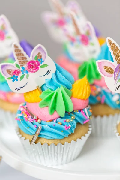 Unicorn Cupcakes Multicolor Buttercream Icing Cake Stands — Stock Photo, Image