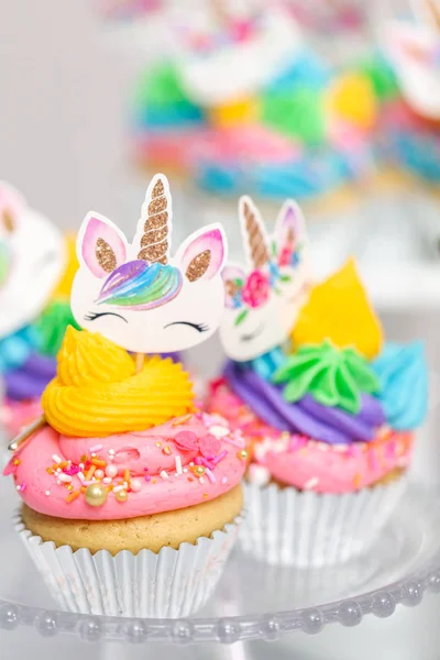 Unicorn Cupcakes Multicolor Buttercream Icing Cake Stands — Stock Photo, Image