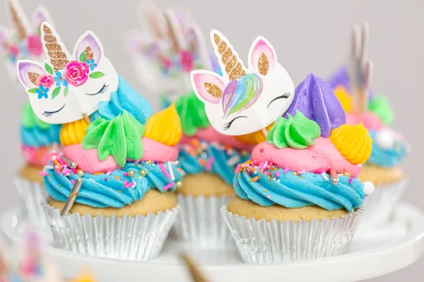 Unicorn Cupcakes Multicolor Buttercream Icing Cake Stands — Stock Photo, Image