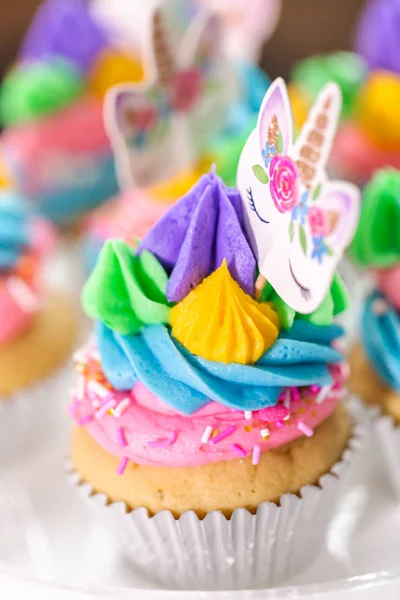 Close Unicorn Cupcakes Multicolor Buttercream Icing — Stock Photo, Image