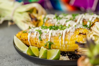 Baharat ve bir servis tabağı üzerinde taze kişniş ile süslenmiş Meksika Caddesi Mısır elote ızgara.