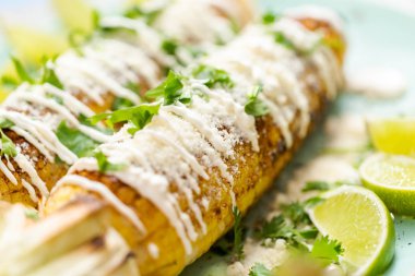 Baharat ve bir servis tabağı üzerinde taze kişniş ile süslenmiş Meksika Caddesi Mısır elote ızgara.