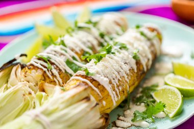 Baharat ve bir servis tabağı üzerinde taze kişniş ile süslenmiş Meksika Caddesi Mısır elote ızgara.