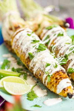 Baharat ve bir servis tabağı üzerinde taze kişniş ile süslenmiş Meksika Caddesi Mısır elote ızgara.