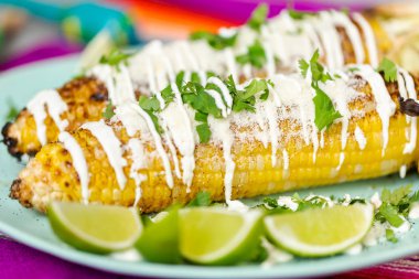 Baharat ve bir servis tabağı üzerinde taze kişniş ile süslenmiş Meksika Caddesi Mısır elote ızgara.