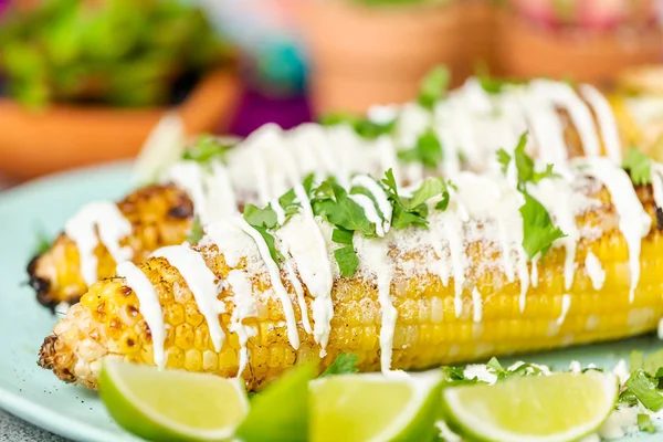 Baharat ve bir servis tabağı üzerinde taze kişniş ile süslenmiş Meksika Caddesi Mısır elote ızgara.