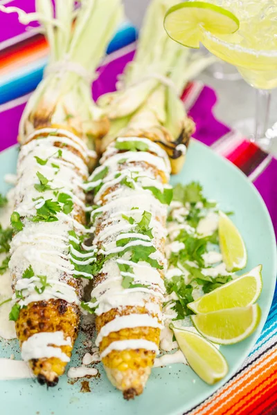 Baharat ve bir servis tabağı üzerinde taze kişniş ile süslenmiş Meksika Caddesi Mısır elote ızgara.