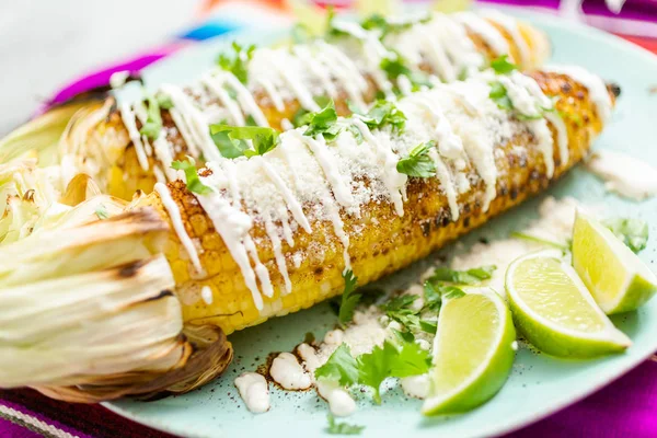 Baharat ve bir servis tabağı üzerinde taze kişniş ile süslenmiş Meksika Caddesi Mısır elote ızgara.