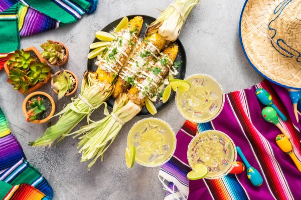 Top View Grilling Mexican Street Corn Elote Garnished Spices Serving — Stock Photo, Image