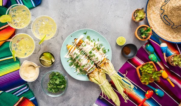 Top View Grilling Mexican Street Corn Elote Garnished Spices Serving — Stock Photo, Image