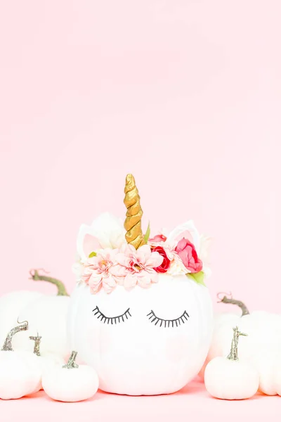 白色独角兽南瓜饰以花粉红色背景 — 图库照片