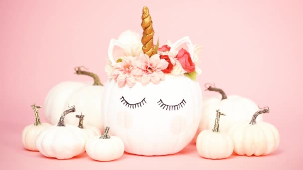 Calabaza Unicornio Blanco Decorado Con Flores Sobre Fondo Rosa — Vídeo de stock