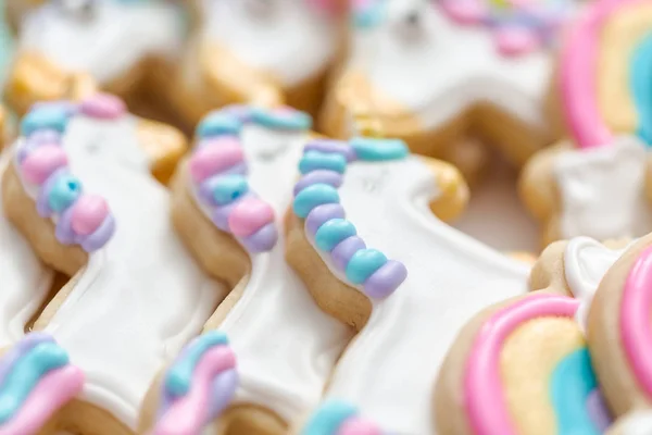 Biscuits Sucre Licorne Décorés Glaçage Royal Fête Anniversaire Des Enfants — Photo