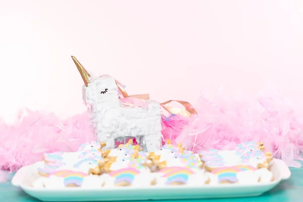 Biscotti Zucchero Unicorno Decorati Con Glassa Reale Alla Festa Compleanno — Foto Stock