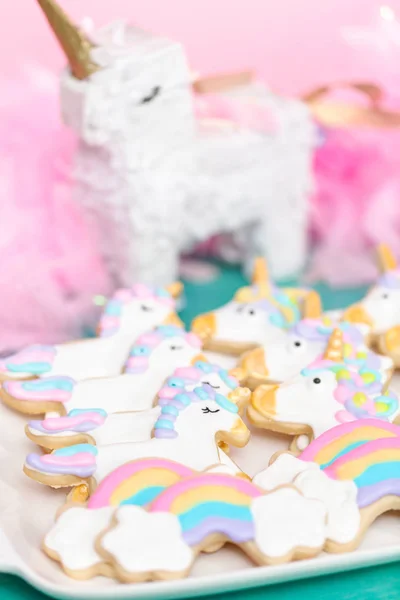 Biscuits Sucre Licorne Décorés Glaçage Royal Fête Anniversaire Des Enfants — Photo