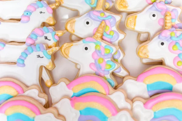 Biscuits Sucre Licorne Décorés Glaçage Royal Fête Anniversaire Des Enfants — Photo