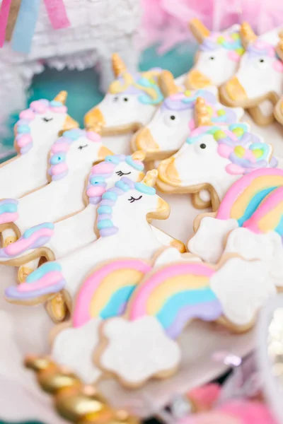 Egyszarvú Cukor Cookie Díszített Királyi Jegesedés Gyerekek Születésnapi Party — Stock Fotó