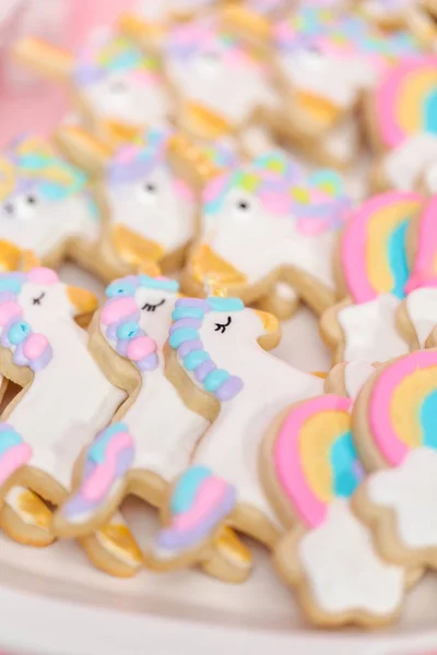 Unicorn Sugar Cookies Decorated Royal Icing Kids Birthday Party — Stock Photo, Image