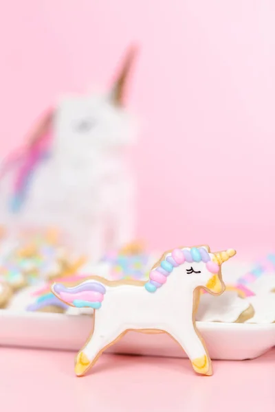 Galletas Azúcar Unicornio Decoradas Con Hielo Real Fiesta Cumpleaños Los — Foto de Stock